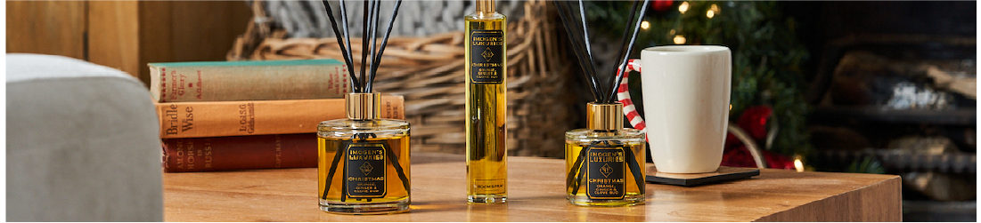 Christmas reed diffusers available in 100ml and 200ml sizes and refills. Scented with pure essential oils. Christmas is a wonderfully festive blend of juicy sweet orange and deep spicy Cinnamon, Clove and Ginger. Handmade by Imogen's Luxuries, England