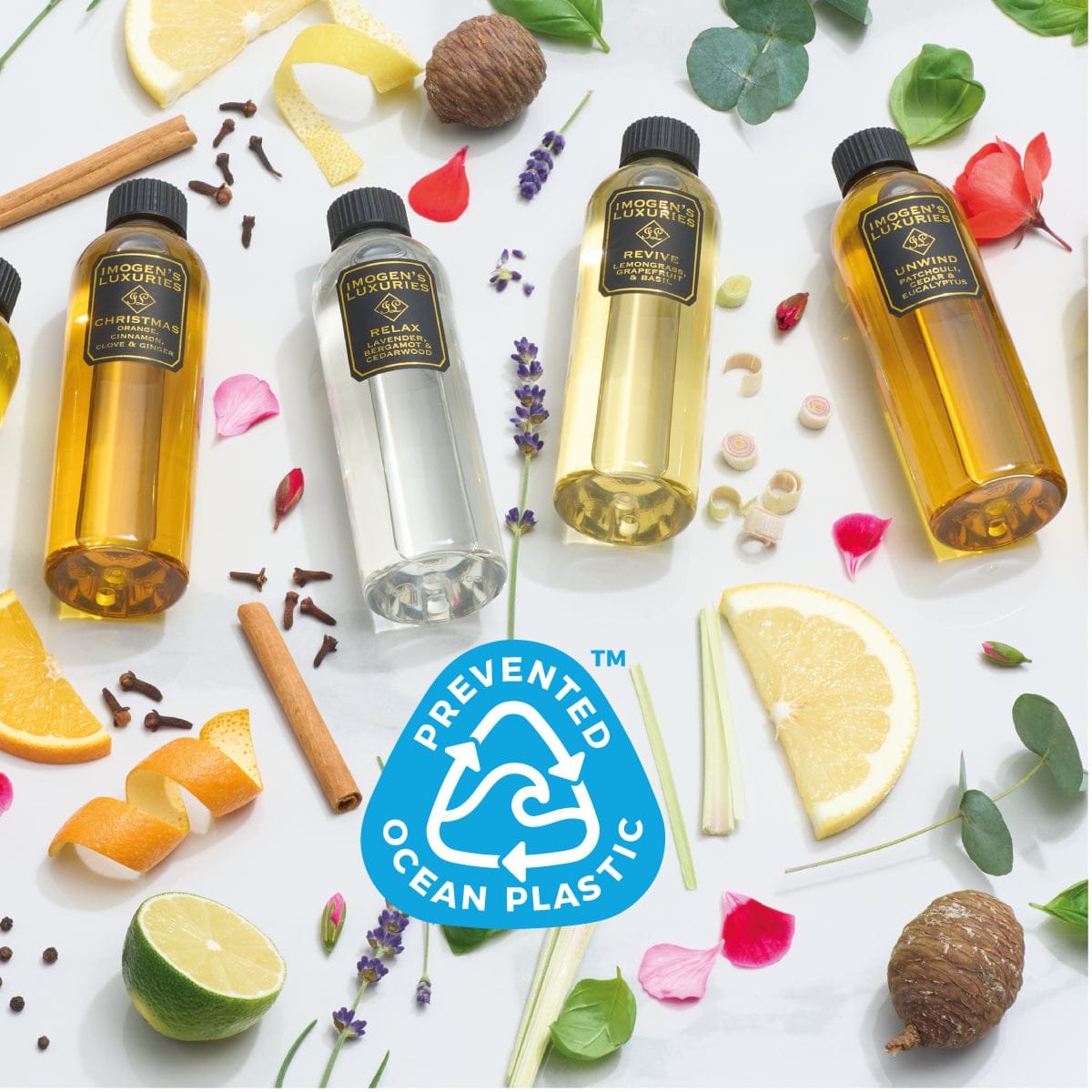 Four bottles of eco-friendly 200ml reed diffuser refills showing 'Prevented Ocean Plastic' logo. The bottles are made from plastic which was rescued before it could reach the ocean