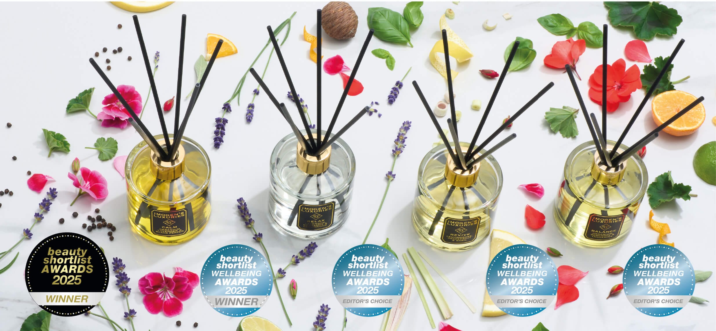 Well being award winning reed diffusers scented with our own aromatherapy blends of essential oils. Highly scented, long lasting, vegan and cruelty free. Handmade by Imogen's Luxuries in Berkshire, England.