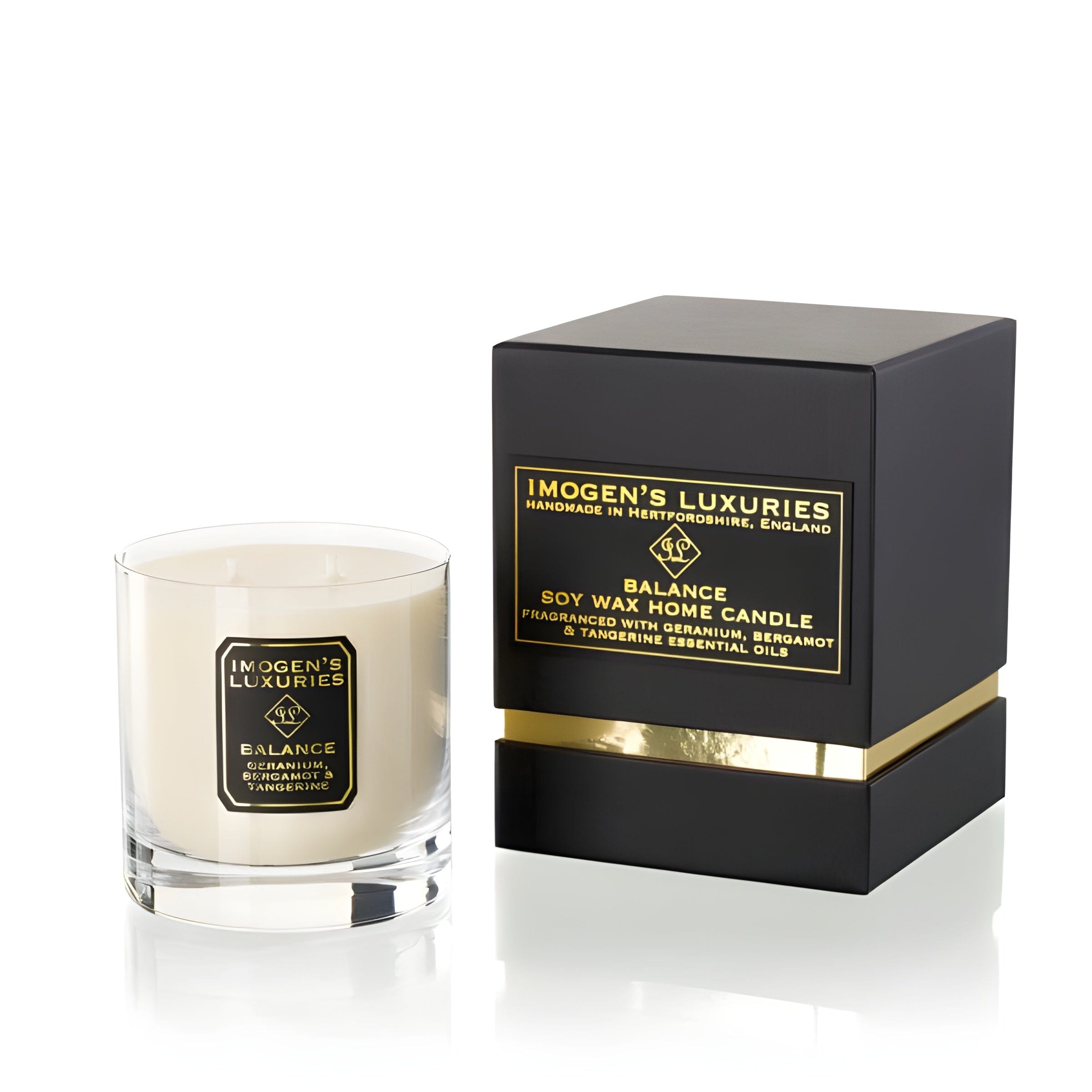 Balance luxury natural rapeseed and coconut wax candle. Highly scented Geranium, Bergamot & Tangerine Essential Oils. 2 wicks in a glass container, beautifully presented in black and gold shoulder gift box