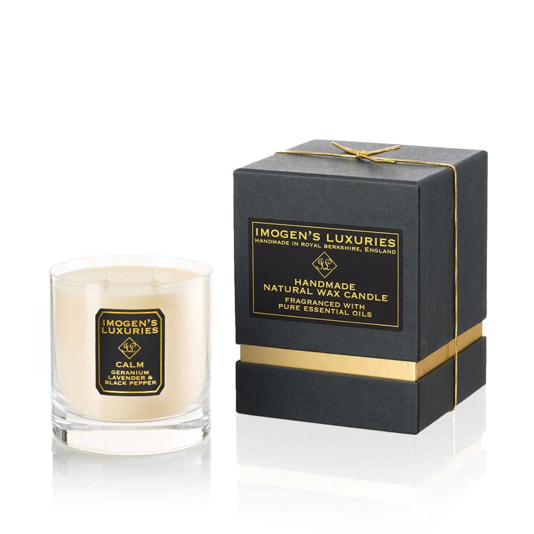 Calm scented candle is handmade with natural wax and fragranced with Geranium, Lavender and Black Pepper Essential Oils. With 2 cotton wicks and 320g natural wax our aromatherapy candle is perfect for relaxing and unwinding. It helps reduce stress and anxiety and is a great as a relaxing candle to burn in living areas or bedrooms. Free from synthetic fragrance, colours and additives it’s natural, cruelty free and vegan. Beautiful gift box included.