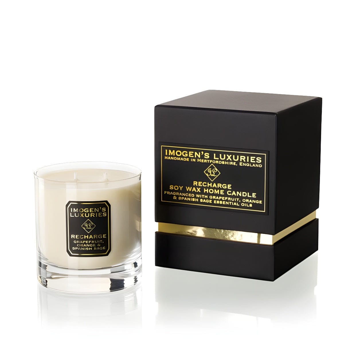 Luxury 2 wick container candle with branded Imogen's Luxuries black and gold gift box. Image is shown on a white background