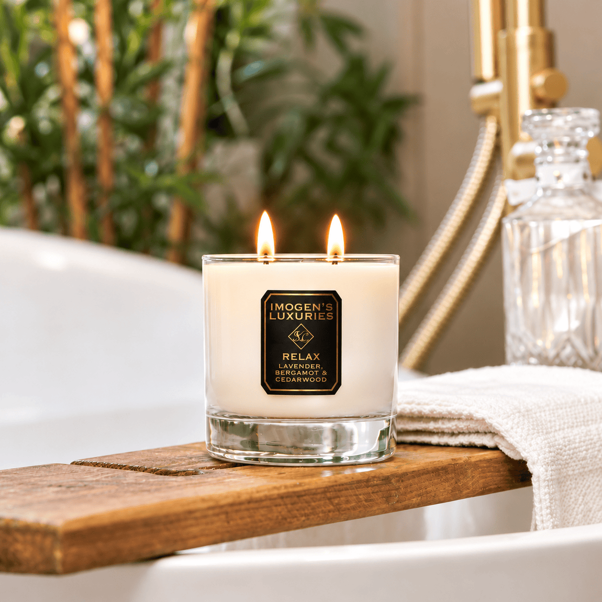 Luxury Imogen’s Luxuries Relax natural wax scented candle with lavender, bergamot and cedarwood essential oils. The double wick glass jar candle is styled on a wooden bath tray in a spa bathroom setting.