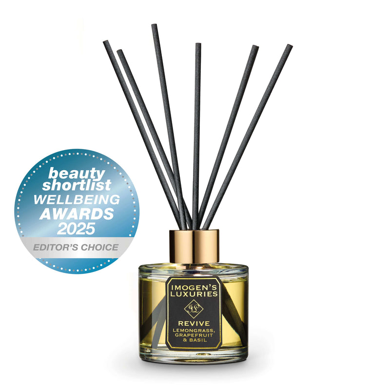 Luxury award winning Revive reed diffuser. Scented Lemongrass, Grapefruit and Basil essential oils. Editors choice Beaty shortlist well being awards 2025. Highly scented with natural essential oils. Thick black reeds included.