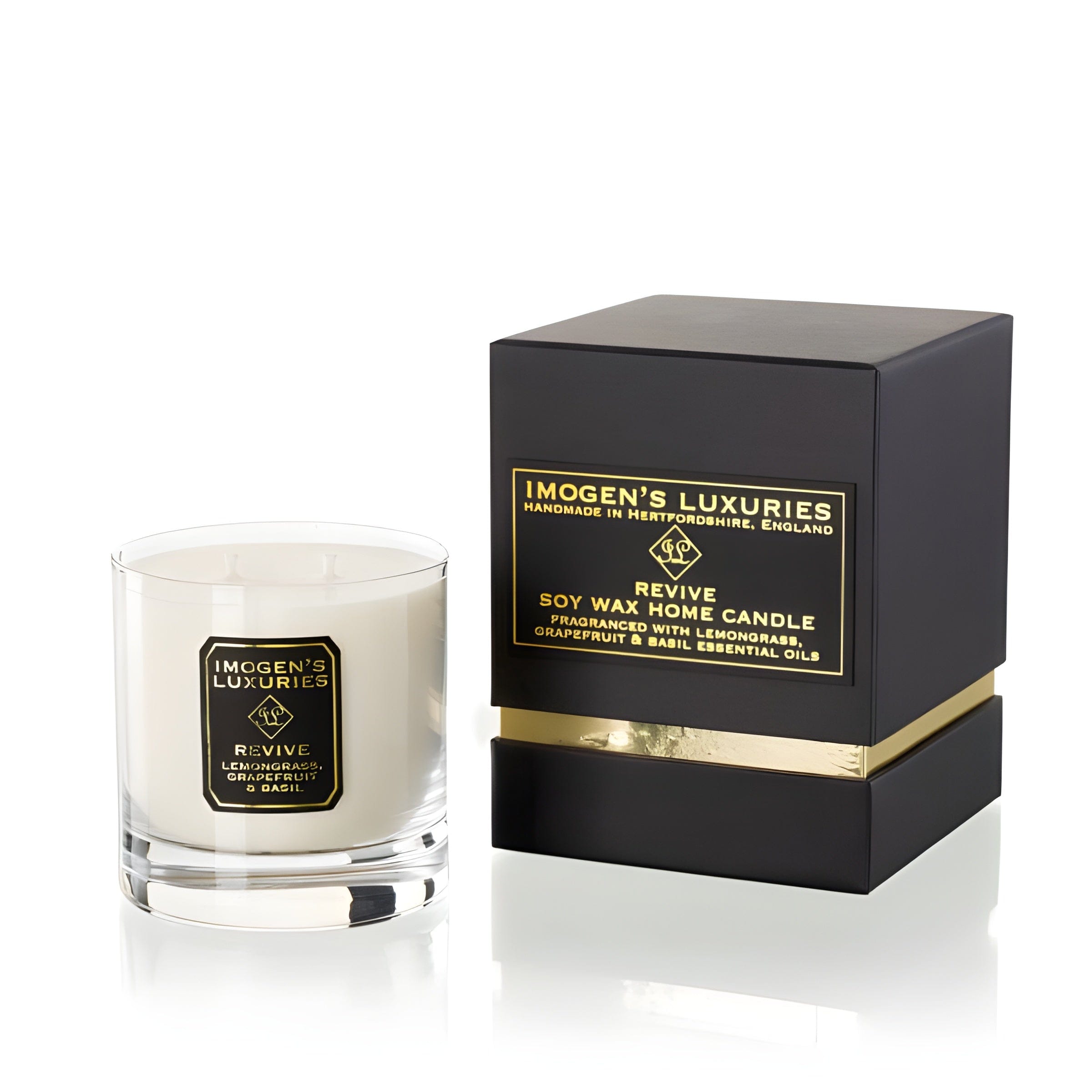 Revive luxury 2 wick aromatherapy candle is strongly scented with pure Lemongrass, Grapefruit and Basil essential oils. Handmade with natural eco friendly rapeseed and coconut wax. An uplifting, crisp, citrus candle. Large 340g wax weight with pure cotton wicks in a luxury Gift Box. Paraffin free. Imogen’s Luxuries, Berkshire, England