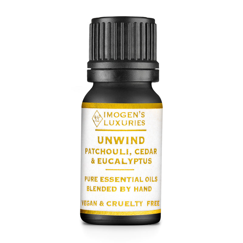 Unwind is an all natural and 100% pure blend of Patchouli, Cedar & Eucalyptus Essential Oils. In a black 10ml glass bottle our Unwind blend is naturally calming and good to help you sleep better. Blended by hand in Berkshire by Imogen’s Luxuries. Natural, vegan and cruelty free.