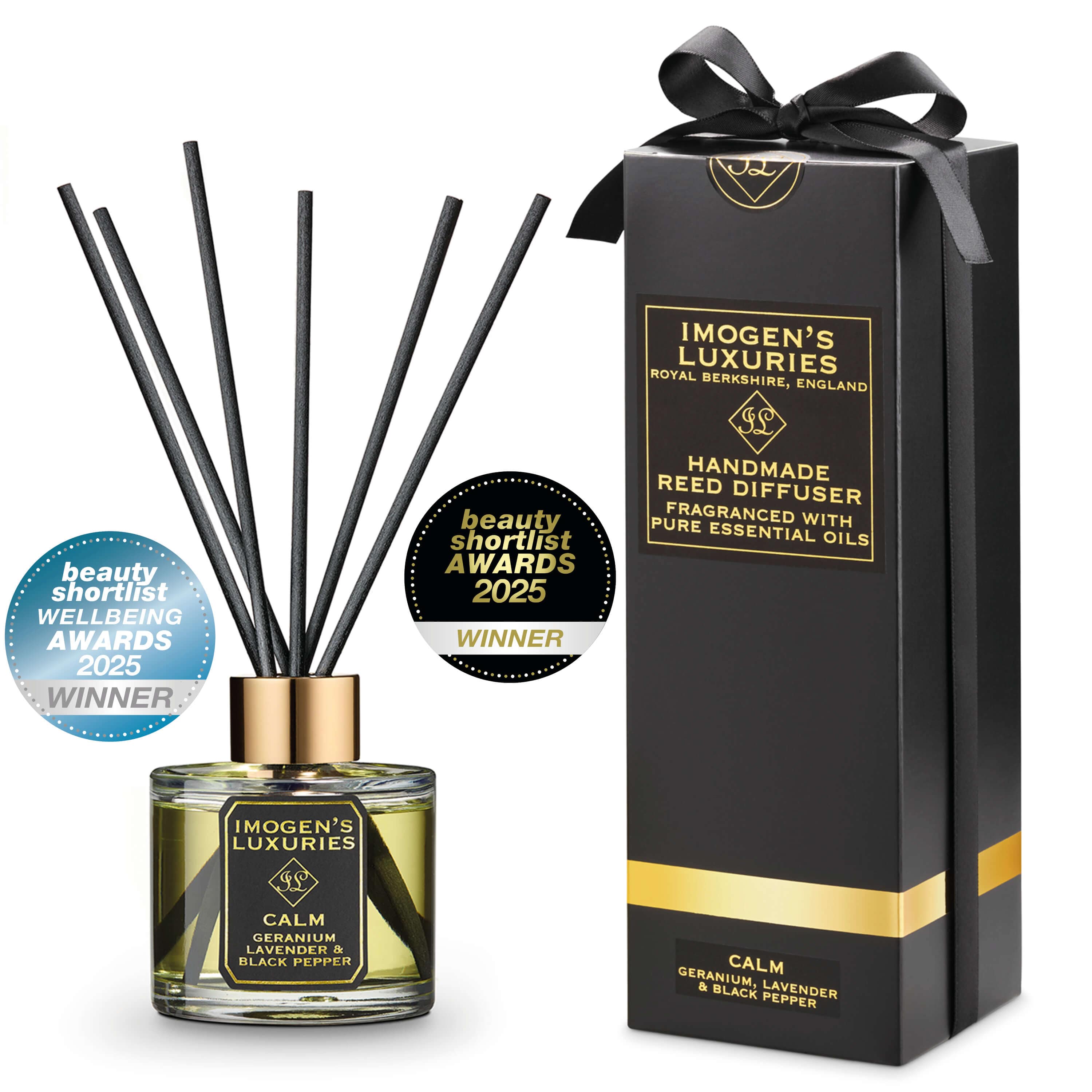 Award winning Calm aromatherapy reed diffuser voted 'Best reed diffuser' and 'best home fragrance' 2025 Beauty shortlist awards. Highly scented with Geranium, Lavender and Black Pepper Essential Oils. Handmade by Imogen's Luxuries in small batches. Natural, vegan and cruelty free. 100ml.