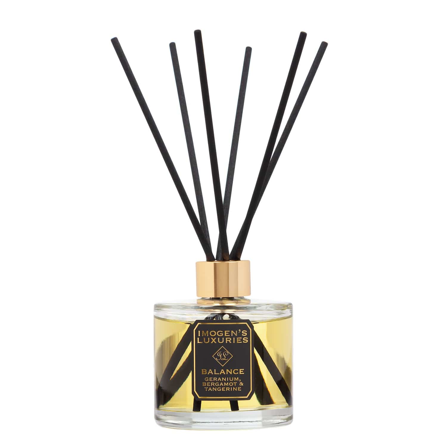 Balance luxury reed diffuser by Imogen's Luxuries, featuring a premium glass bottle with 100% pure essential oils of Geranium, Bergamot and Tangerine. Hand-poured in Berkshire with high-performance black fibre reeds for long-lasting natural aromatherapy.