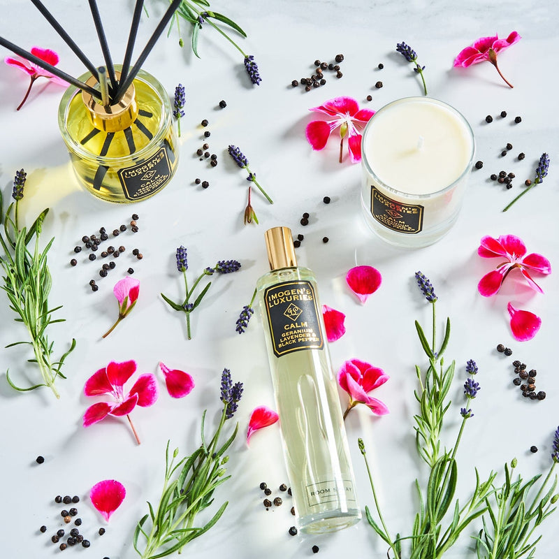 Calm is a wonderfully calming and relaxing blend of Geranium, Lavender and Black Pepper essential oils. Good to help reduce anxiety and improve sleep. Calm candles, reed diffusers and room sprays are all natural, gift boxed and handmade by Imogen's Luxuries in Berkshire, England.