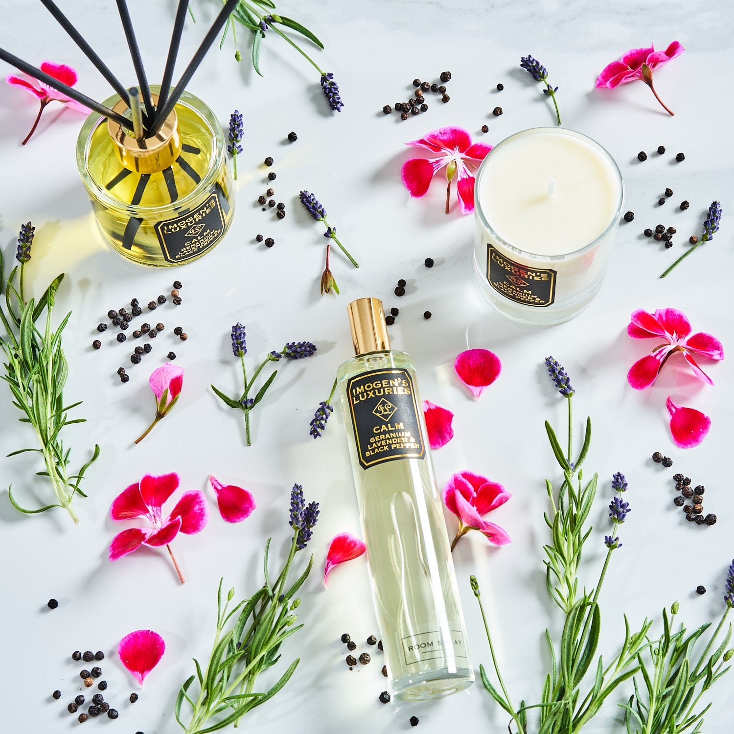 Calm is a signature fragrance made by Imogen's Luxuries, Berkshire England. A wonderfully calming and relaxing blend of Geranium, Lavender and Black Pepper essential oils. Good to help reduce anxiety and improve sleep. Calm is available in candles, reed diffusers and room sprays and so can be used to scent all areas of the home