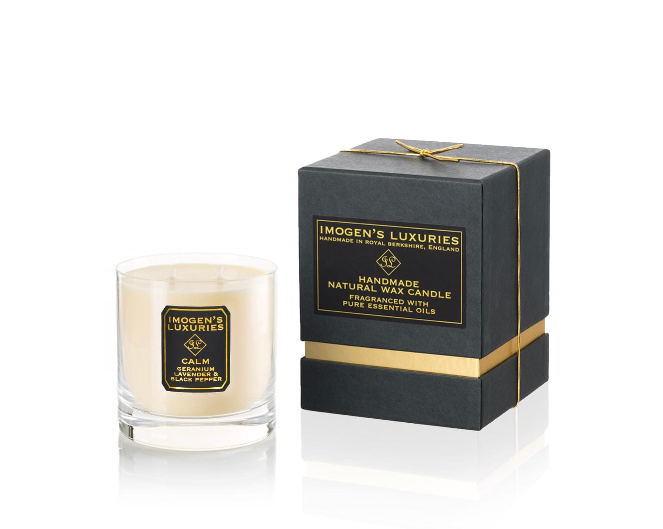 Calm scented candle is handmade with natural wax and fragranced with Geranium, Lavender and Black Pepper Essential Oils. With 2 cotton wicks and 320g natural wax our aromatherapy candle is perfect for relaxing and unwinding. It helps reduce stress and anxiety and is a great as a relaxing candle to burn in living areas or bedrooms. Free from synthetic fragrance, colours and additives it’s natural, cruelty free and vegan. Beautiful gift box included.
