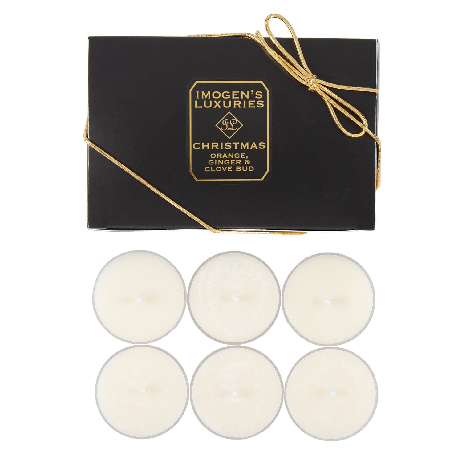 Pack of 6 Christmas soy wax tea light candles highly scented with Orange, Cinnamon, Clove & Ginger Essential Oils. Pack of 6 each weighing 20g. Presented in black and gold gift box with a bow/