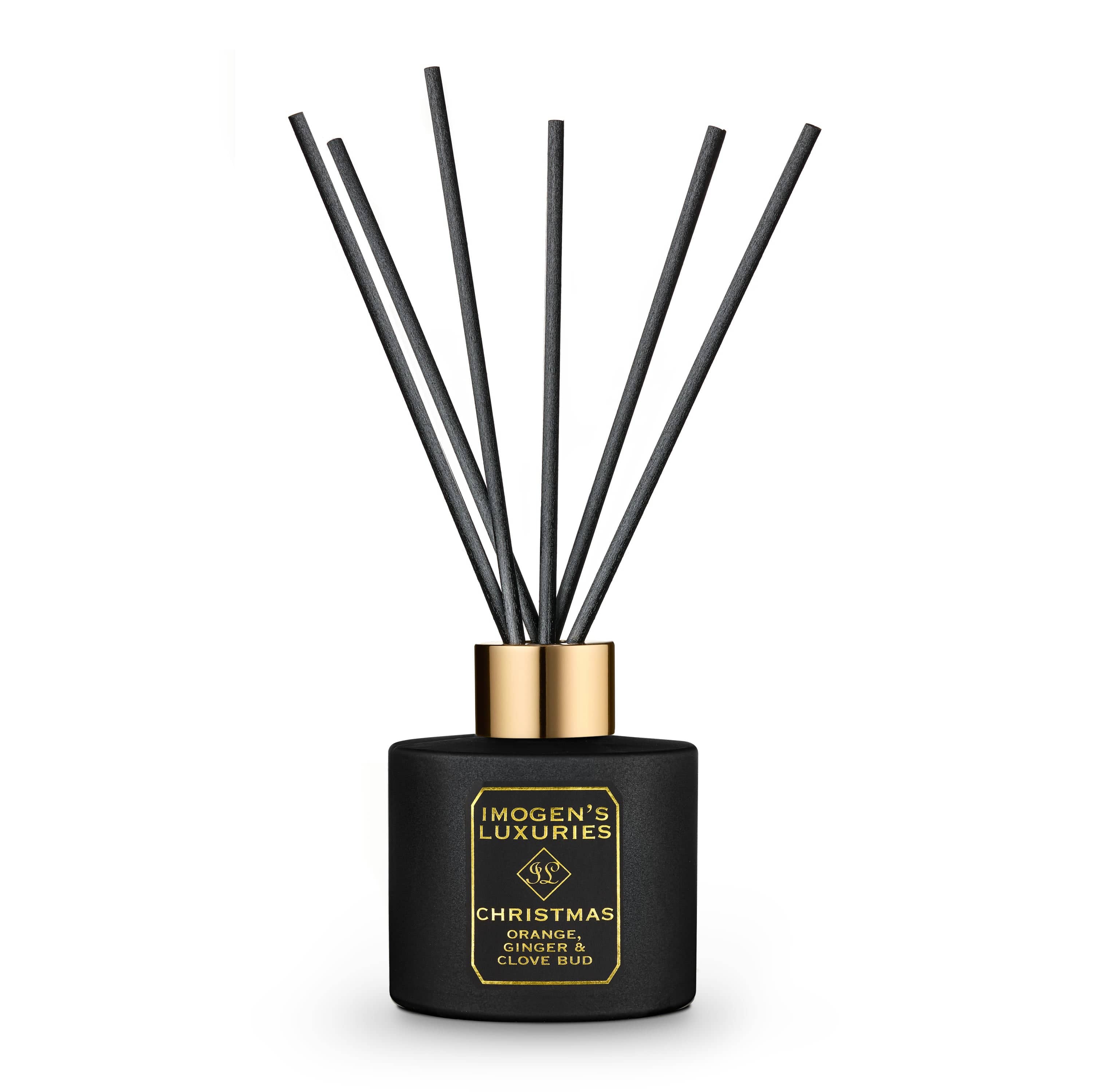 Luxury Christmas black reed diffuser is presented in our beautiful matte black bottle with a stunning gold collar, thick black reeds and with our signature black and gold label. Scented with our warming and festive blend of Orange, Cinnamon, Clove and Ginger essential oils. Handmade in Berkshire with all natural ingredients. No unwanted extra packaging, same great product includes reeds. 100ml £18.00