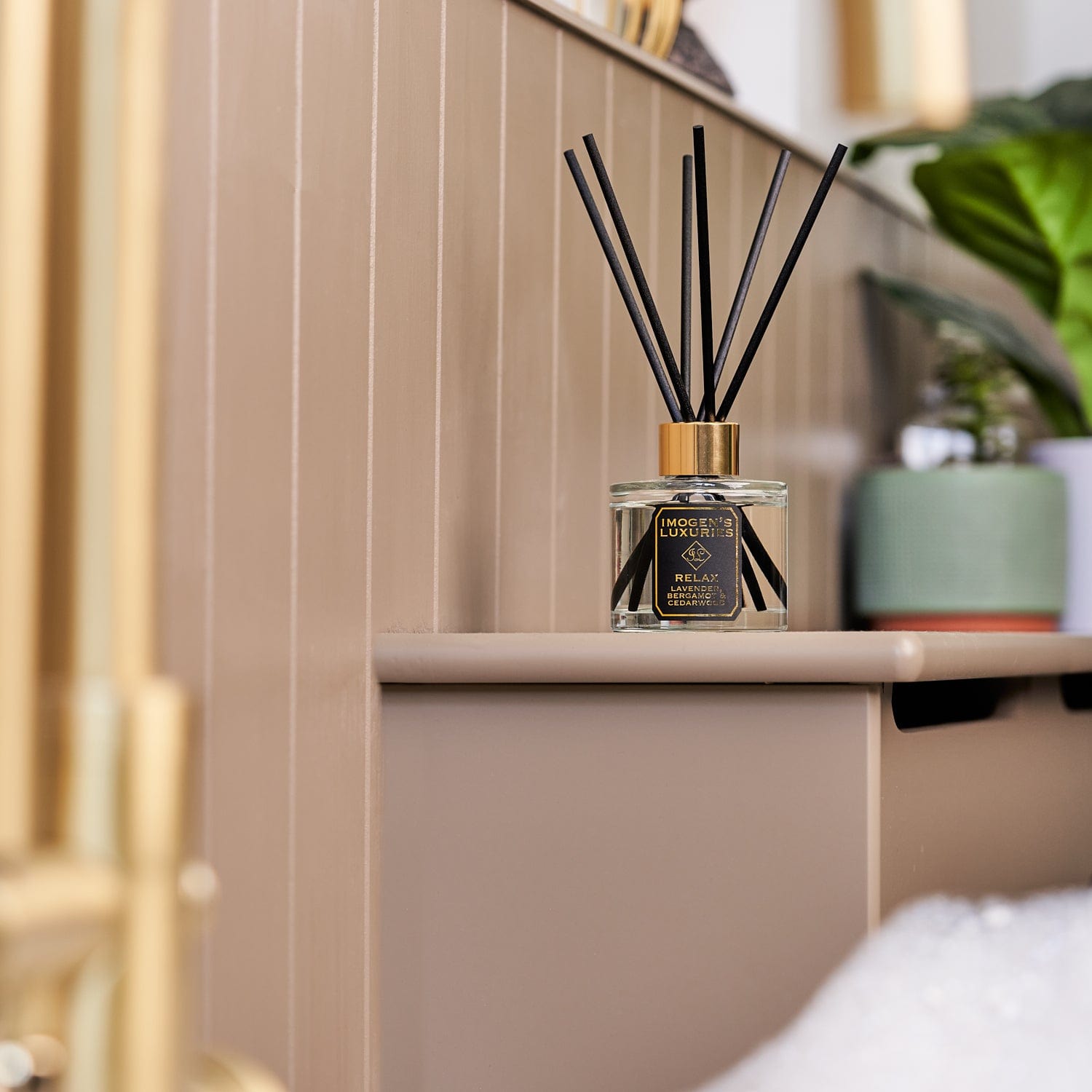 Our Relax diffuser is scented with our signature blend of Lavender, Bergamot & Cedar pure essential oils. Wonderfully relaxing and calming, this Relax reed diffuser will transform your bathroom into a scented sanctuary. Create a sensory home and improve well being with the natural powers of these essential oils. Our black reeds will distribute this wonderful scent around your room in delicate wafts and look stylish in the process. Handmade by Imogen’s Luxuries in Berkshire, England