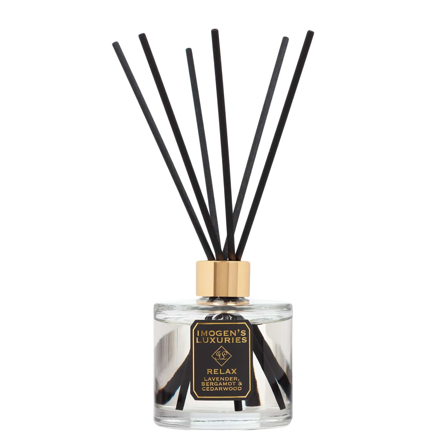 Relax luxury reed diffuser by Imogen's Luxuries, featuring a premium glass bottle with 100% pure essential oils of Lavender, Bergamot and Cedar. Hand-poured in Berkshire with high-performance black fibre reeds for long-lasting natural aromatherapy.