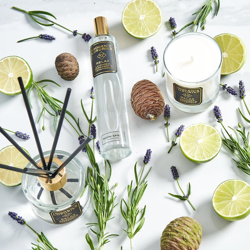 Relax is a handmade signature fragrance by Imogen's Luxuries, Berkshire, England. Featuring a wonderfully calming and relaxing blend of Lavender, Bergamot and Cedar pure essential oils, Relax is a natural way to unwind and instil inner peace. Available in candles, room sprays and reed diffusers. Free from synthetic fragrance and handmade in small batches.  Vegan and cruelty free.