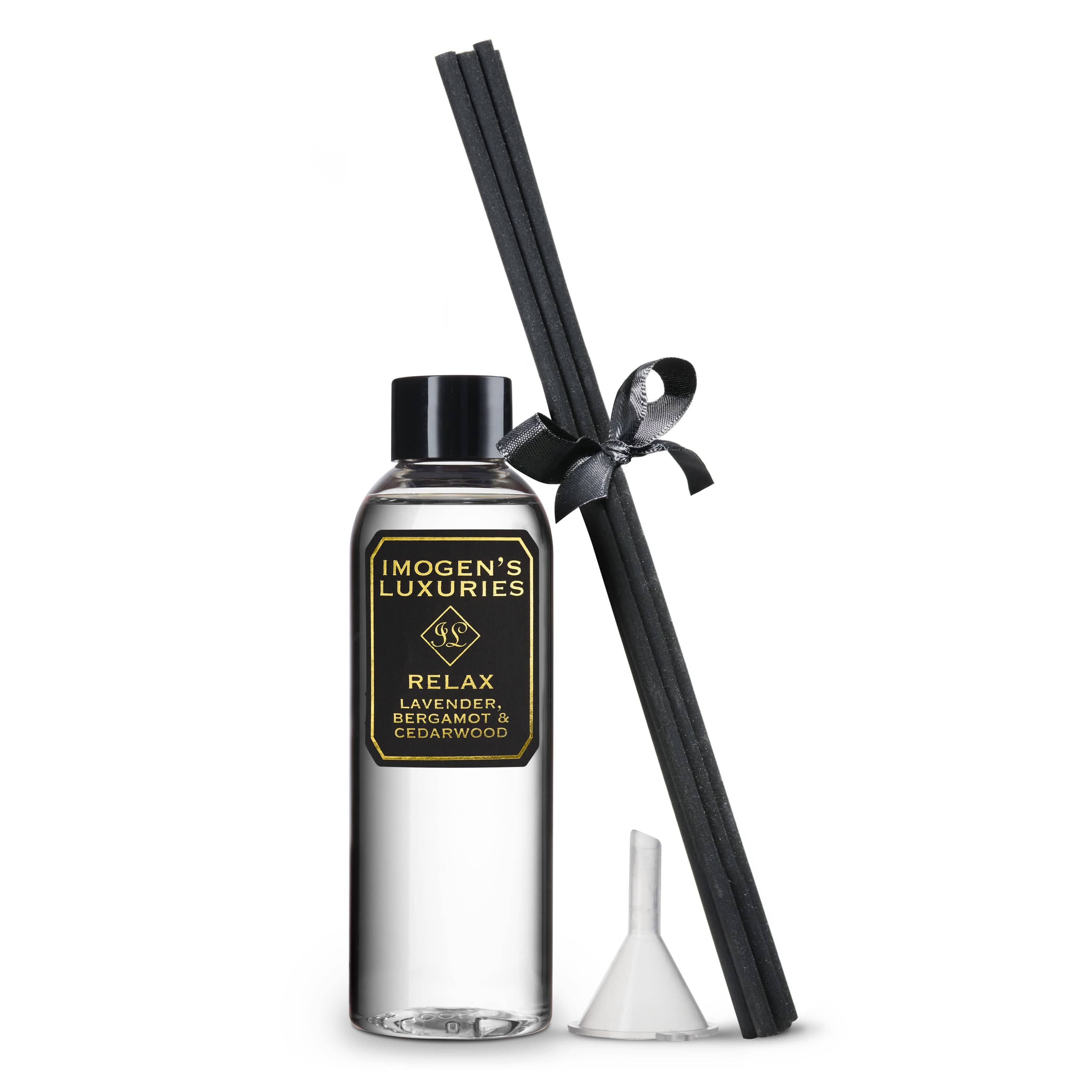 Relax 100ml Reed diffuser refill scented with pure Lavender, Bergamot and Cedar essential oils. Includes 6 thick black reeds and a funnel. Natural, vegan, cruelty free