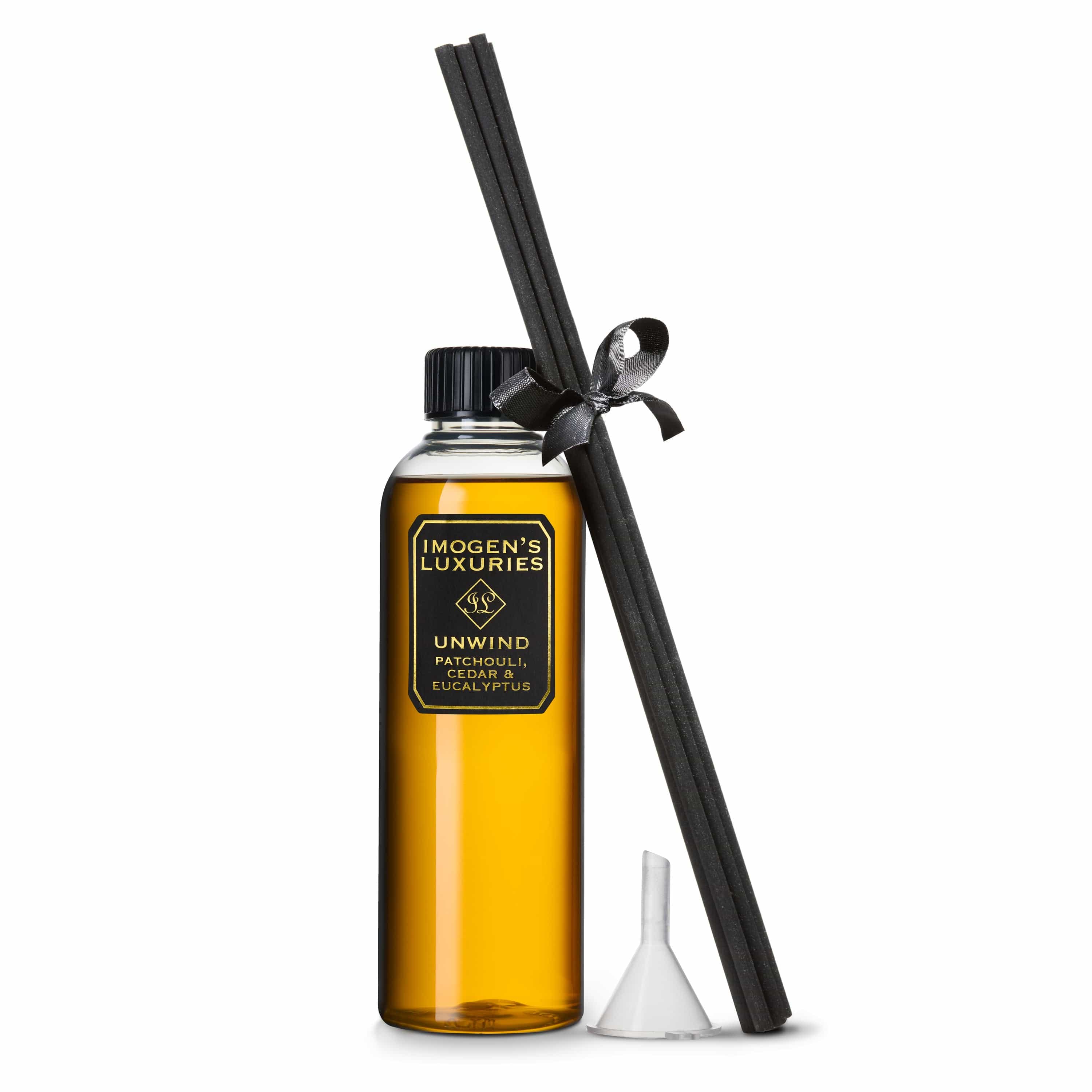 Unwind Reed Diffuser refill set is a large 200ml bottle with 6 thick black reeds. Scented with our signature blend of Patchouli, Cedar & Eucalyptus essential oils. An environmentally friendly and cost effective way to make your diffuser last longer. Perfume your home naturally with this zen type masculine fragrance. Vegan, cruelty free and handmade in Berkshire by Imogen's Luxuries