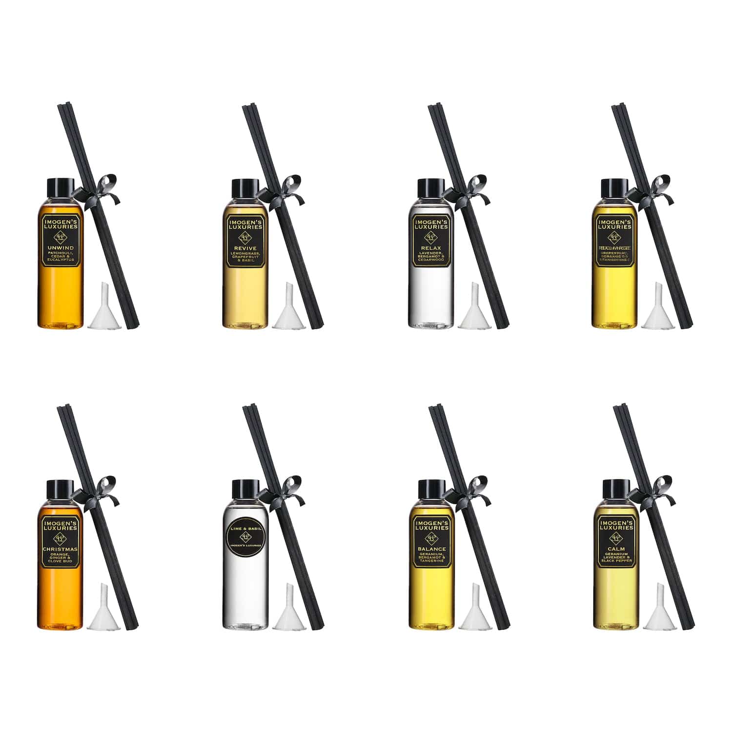 100ml reed diffuser refills scented with pure essential oils. Includes 6 thick black reeds and a funnel. Natural, vegan and cruelty free.