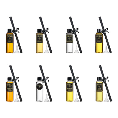 100ml reed diffuser refills scented with pure essential oils. Includes 6 thick black reeds and a funnel. Natural, vegan and cruelty free.