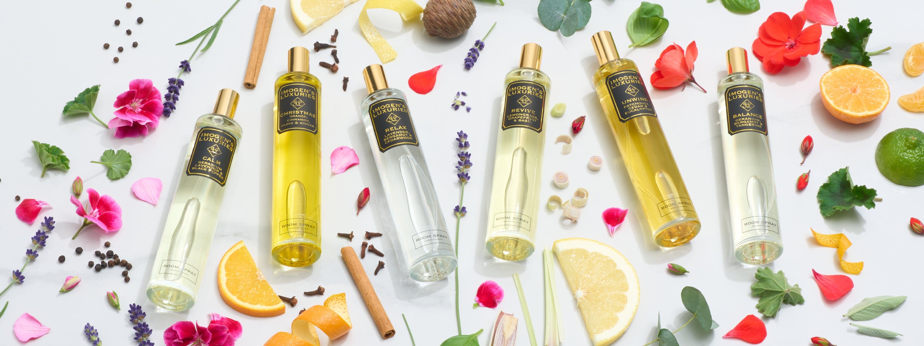 luxury aromatherapy room sprays highly scented with award winning essential oil blends. Long lasting fine mist. Handmade in Berkshire by Imogen's Luxuries. Gift boxed