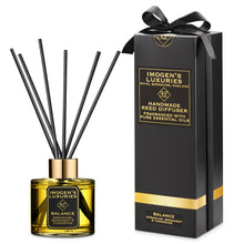 Balance 100ml Aromatherapy reed diffuser with Geranium, Bergamot and Tangerine essential Oils. Naturally soothing and uplifting our Balance signature scent will help transform your home into your oasis. Free from synthetic ingredients. Long lasting and elegantly presented with a gold collar and 6 thick black reeds. Handmade in small batches in Berkshire by Imogen’s Luxuries. Natural, vegan and cruelty free