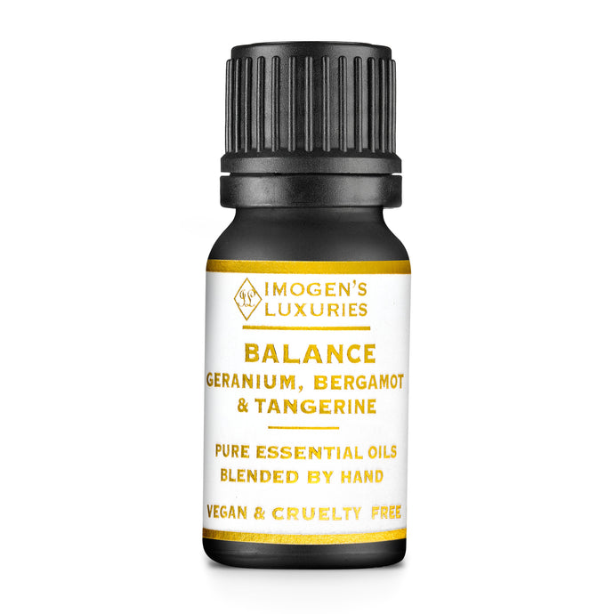 Balance is an all natural and 100% pure blend of Geranium, Bergamot & Tangerine Essential Oils.  Aromatherapy benefits are to reduce stress, install calm and restore inner harmony. 10ml black glass bottle with white & Gold label. Blended by hand by Imogen's Luxuries, Berkshire, England. Natural, vegan & cruelty free