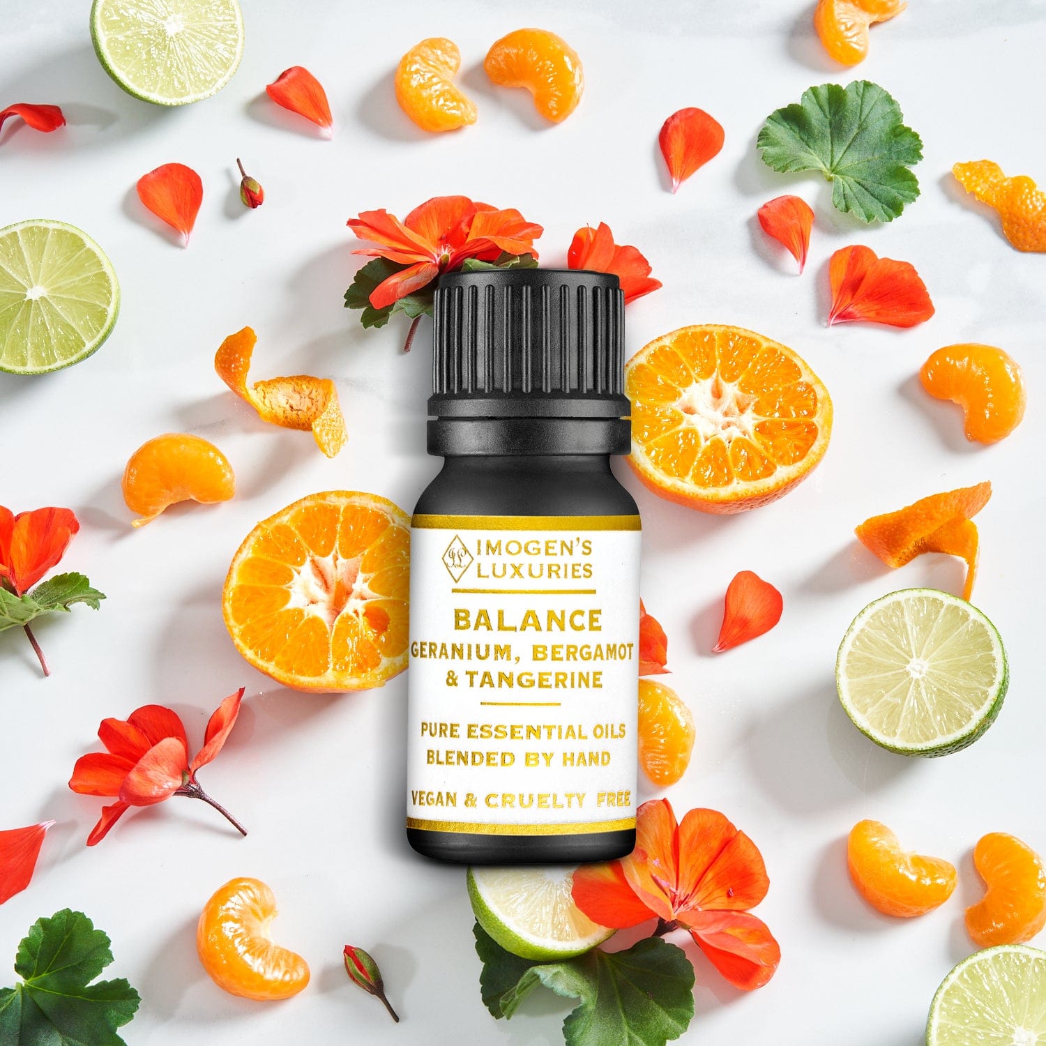 Balance is an all natural and 100% pure blend of Geranium, Bergamot & Tangerine Essential Oils.  Blended to harness the aromatherapy properties, these balancing essential oils are a natural way restore your inner harmony. 10ml black glass bottle with white & Gold label. Imogen's Luxuries, Berkshire, England. Natural, vegan & cruelty free