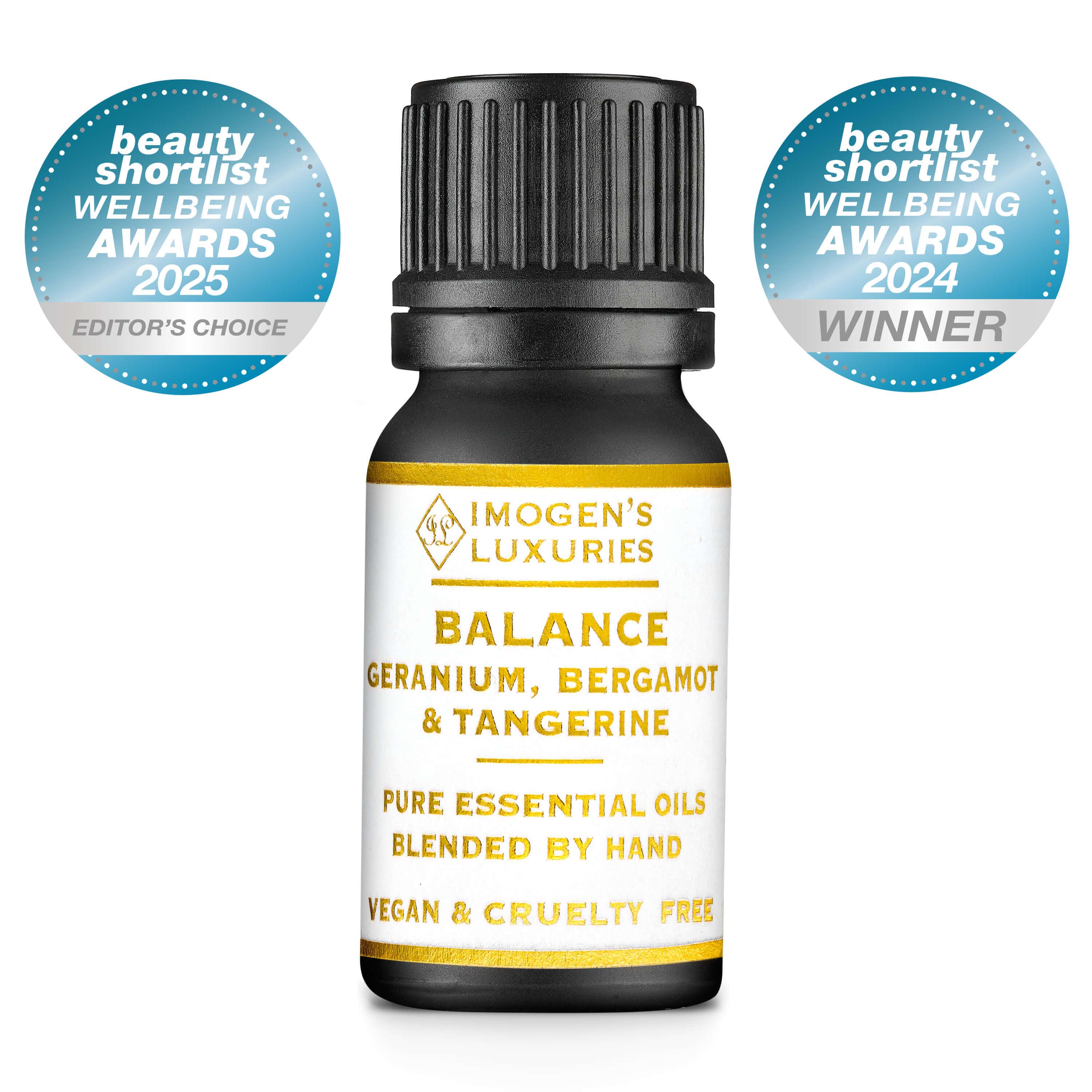 Balance blend of pure Geranium, Bergamot and Tangerine concentrated and pure essential oils. Natural, vegan and cruelty free. Uplifting and relaxing this Balance blend by Imogens Luxuries is the perfect choice to restore inner harmony.