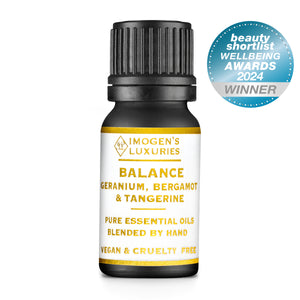 Award winning concentrated essential oil blend for well being. Balance is a pure blend of Geranium, Bergamot and Tangerine essential oils. All natural, vegan and cruelty free. Hand blended by Imogen's Luxuries in Berkshire, England