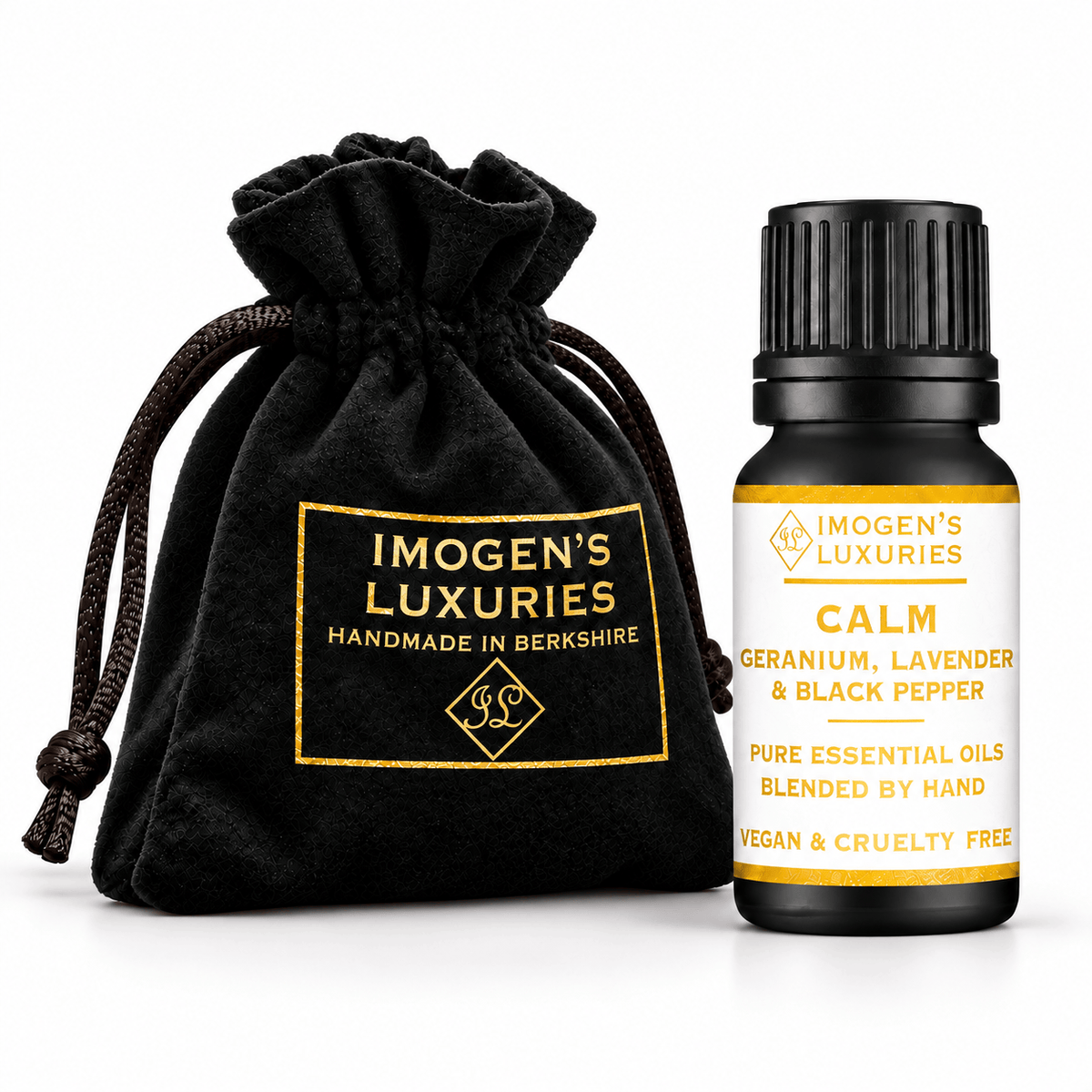 Concentrated Calm Essential Oil blend, Geranium, Lavender & Black Pepper. Shown in black 10ml bottle with white and gold label saying "Calm". Bottle sits next to a luxury black velvet pouch with gold lettering saying "IMOGEN'S LUXURIES HANDMADE IN BERKSHIRE"