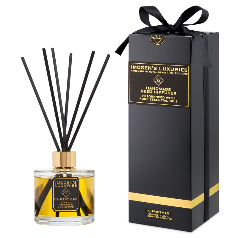 Christmas Aromatherapy Reed Diffuser is fragranced with Orange, Cinnamon, Clove & Ginger Essential oils. A wonderfully festive blend reminiscent of mulled wine. Natural, Vegan and Cruelty free. Handmade in small batches by Imogen's Luxuries, Berkshire. 200ml £30..00 Free Standard Shipping.