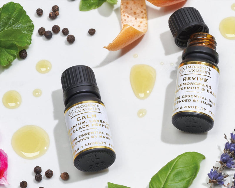 Revive 100% pure blend of Lemongrass, Grapefruit & Basil essential oils. In a black 10ml glass bottle this Revive blend is crisp, citrus and uplifting. Blended by hand in Berkshire by Imogen’s Luxuries. Natural, vegan and cruelty free. Mix and match from our 7 signature blends and create an ambiance tailored to your mood.