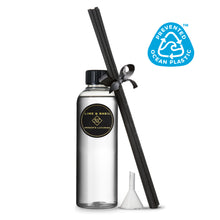 Lime Basil Reed Diffuser refill set is a large 200ml bottle with 6 thick black reeds. Scented with a luxurious citrus and musk fragrance, it's an environmentally friendly and cost effective way to make your diffuser last longer. Bottle, (excluding cap, label, funnel and reeds, made from ocean bound plastic. Vegan, cruelty free and handmade in Berkshire by Imogen's Luxuries
