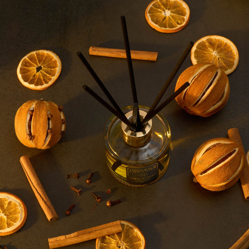 Luxury Christmas scented reed diffuser. Highly fragranced with Orange, Cinnamon, Clove and Ginger Essential oils. Natural, vegan and cruelty free. Handmade in Berkshire by Imogen's Luxuries.