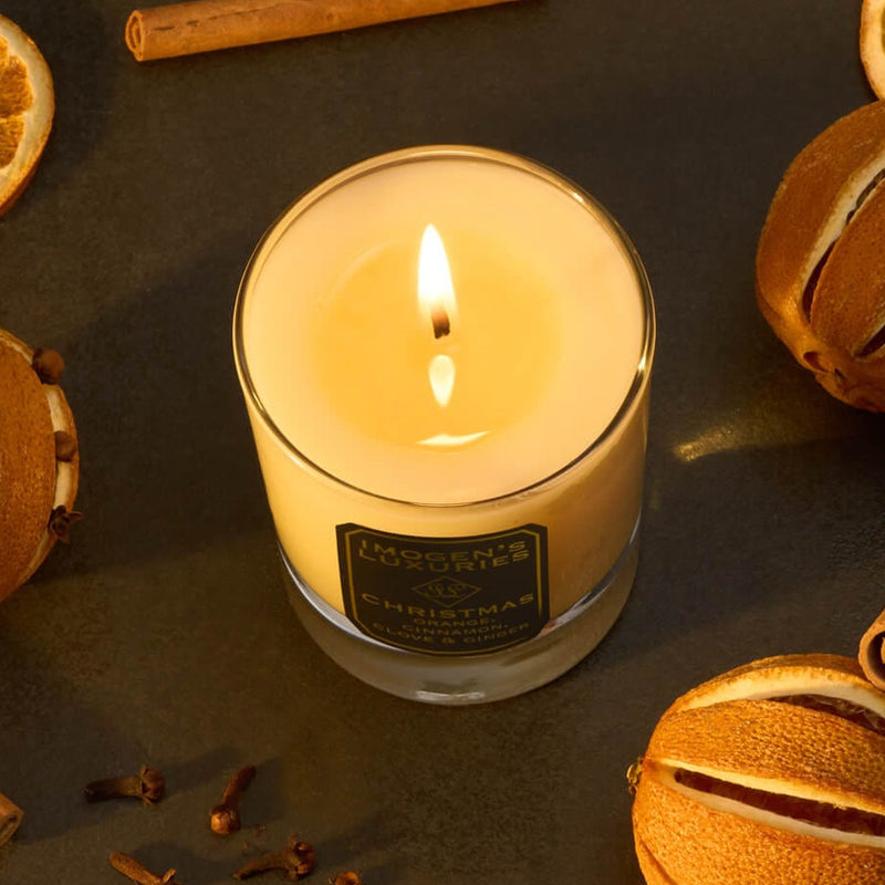 Luxury Christmas 1 wick candle highly scented with Orange, Cinnamon, Clove and Ginger pure essential oils. Natural Soy wax, all natural.  Paraffin and additive free. Handmade by Imogen's Luxuries in Berkshire.