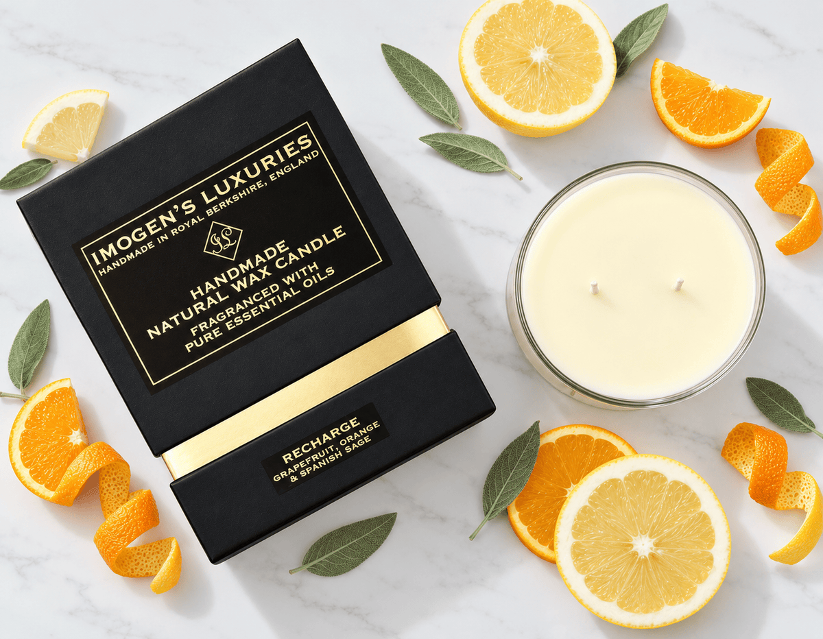 2 wick candle in glass container next to a black and gold shoulder gift box wich reads " IMOGENS LUXURIES, HANDMADE IN ROYAL BERKSHIRE. HANDMADE NATURAL WAX CANDLE FRAGRANCED WITH PURE ESSENTIAL OILS" The candle is called "RECHARGE" and is scented with Grapefruit, Orange & Spanish Sage Essential Oils.