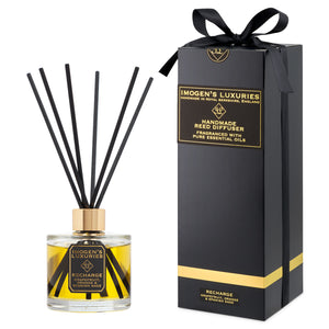 Luxury Recharge 200ml reed diffuser is scented with natural Orange, Grapefruit & Spanish Sage Essential Oils. Includes thick black reeds and black & gold gift box with satin bow. Handmade by Imogen’s Luxuries, Berkshire, England.