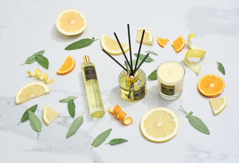 Aromatherapy candles, reed diffusers and room sprays scented with pure essential oils of Grapefruit, Orange and Spanish Sage