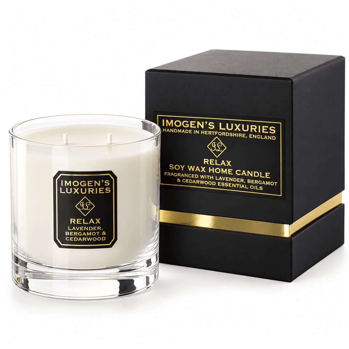 Cream coloured natural wax candle in glass container. Candles is scented with  Lavender, Bergamot & Cedarwood  Essential Oils. On the glass container is a black and gold label saying "Imogen's Luxuries" "Relax". The candle sits by a solid black and gold shoulder box with a black and gold label saying "Handmade Natural Wax Candle fragranced with pure essential oils.