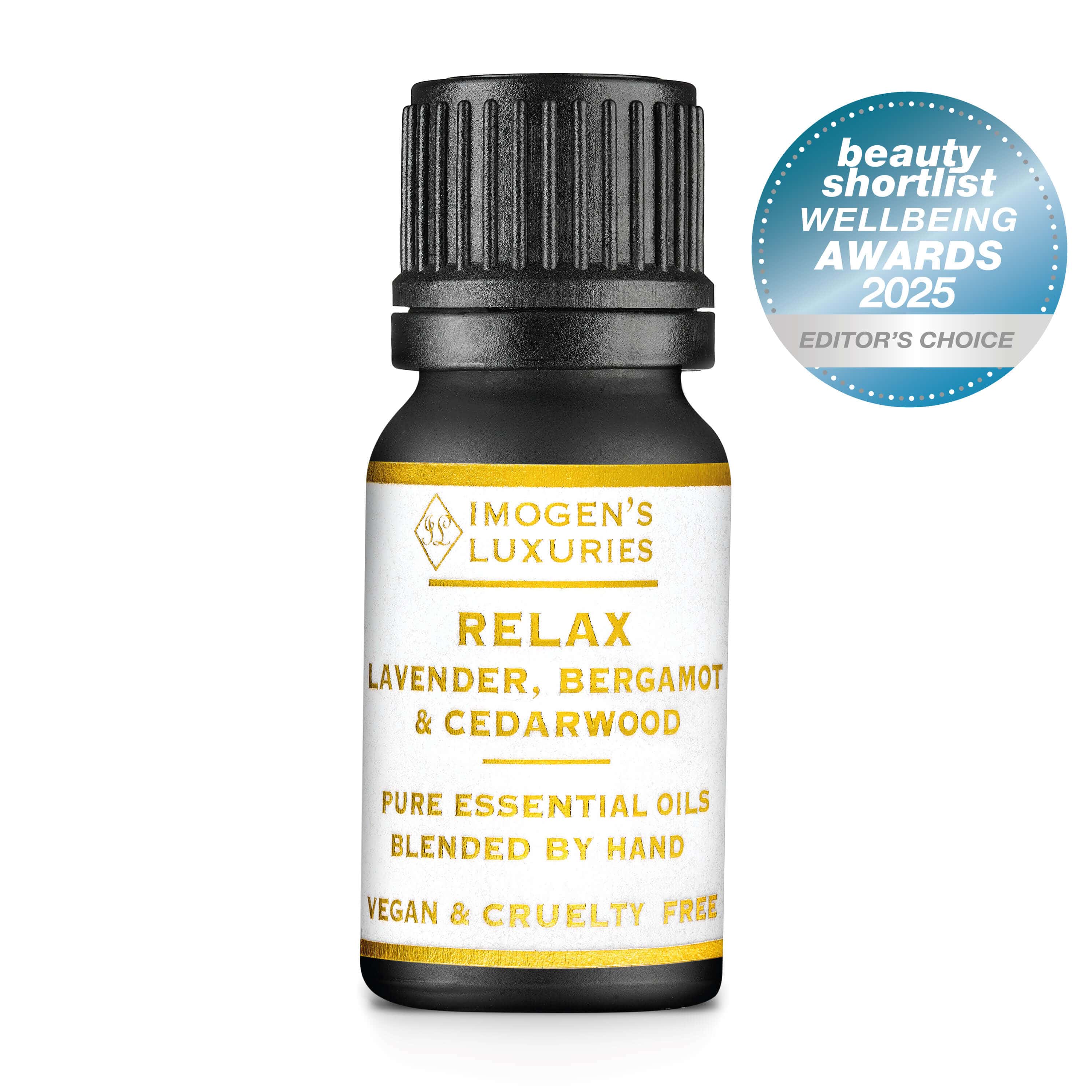 Award winning Relax blend of pure and highly concentrated essential oils. Lavender, Bergamot and Cedar blended by hand by Imogen's Luxuries in Berkshire. Aids relaxation, reduces stress and anxiety and improves sleep.