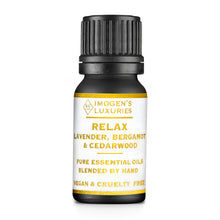 Relax 100% pure blend of Lavender, Bergamot & Cedar essential oils. In a black 10ml glass bottle our Relax blend is naturally calming and good to help you sleep well. Blended by hand in Berkshire by Imogen’s Luxuries. Natural, vegan and cruelty free.