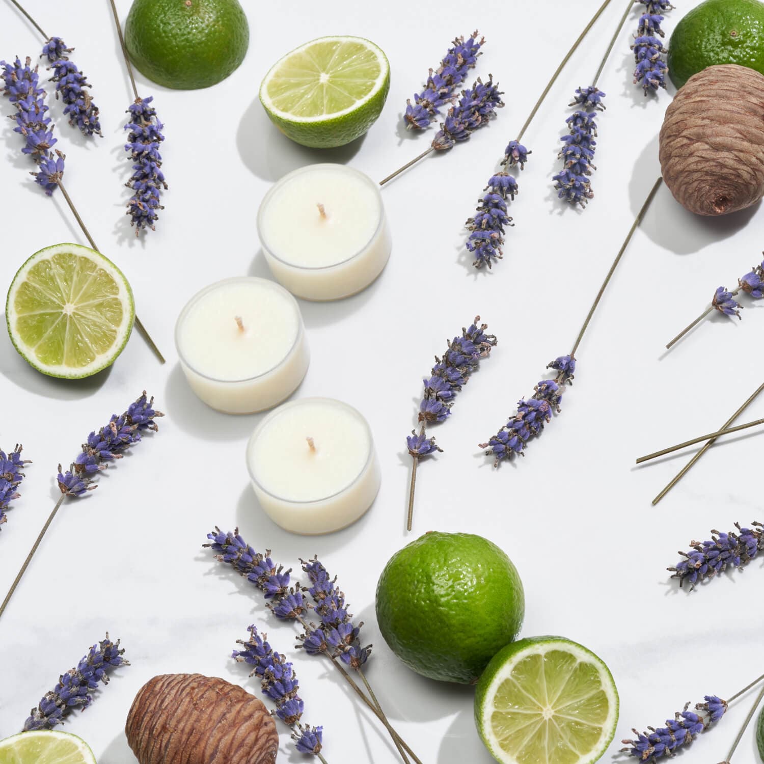 Natural wax tea-lights surrounded by their essential oil ingredients, lavender flowers, bergamot pieces and cedarwood cone.