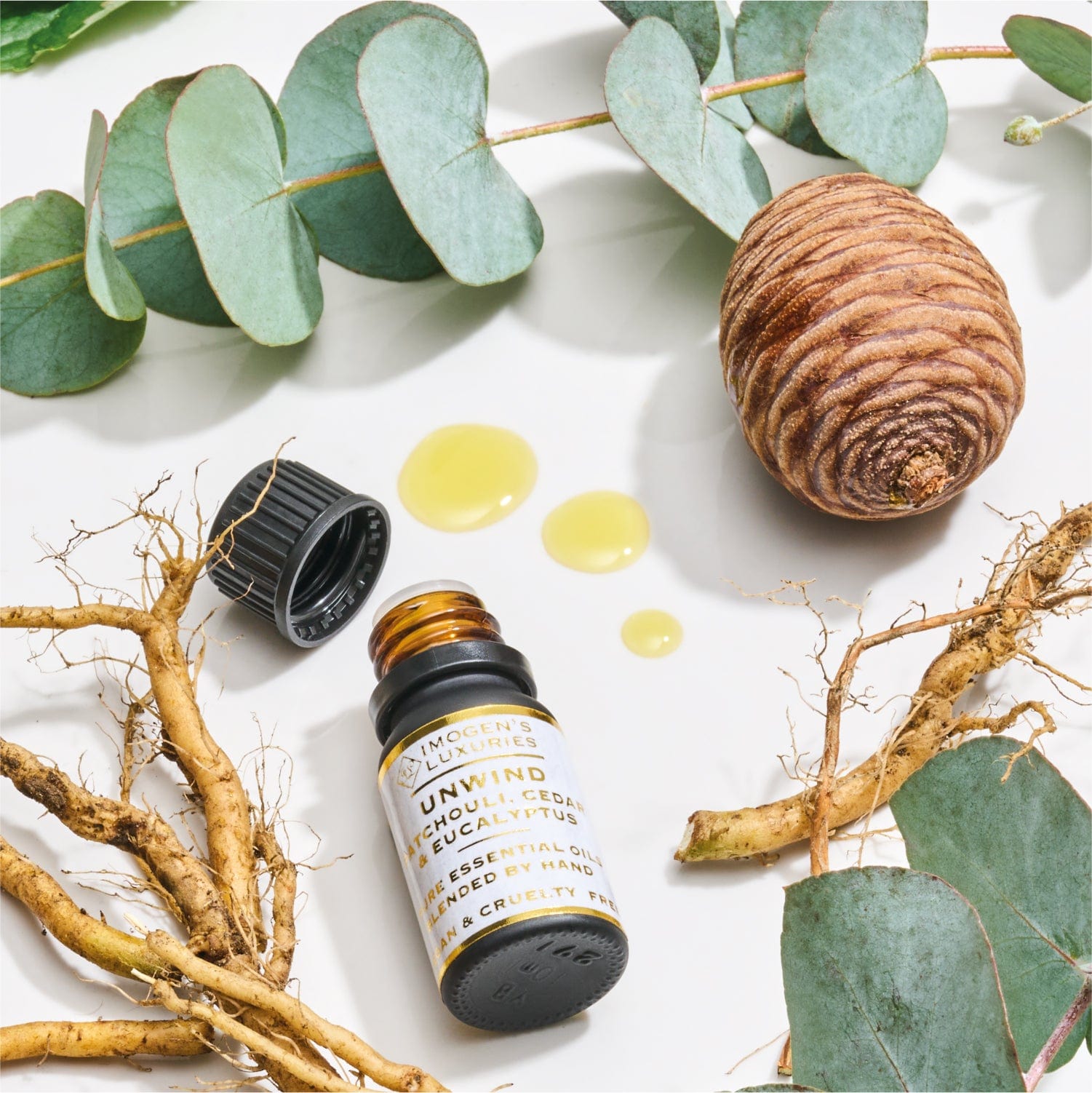 Black 10ml Unwind essential oil bottle with black cap and white and gold label. Bottle is surrounded by the ingredients in the blend, Patchouli root, Cedar cone and Eucalyptus leaves