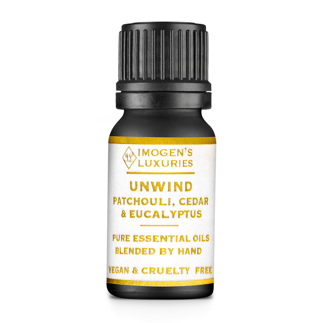 Unwind is an all natural and 100% pure blend of Patchouli, Cedar & Eucalyptus Essential Oils. In a black 10ml glass bottle our Unwind blend is naturally calming and good to help you sleep better. Blended by hand in Berkshire by Imogen’s Luxuries. Natural, vegan and cruelty free.