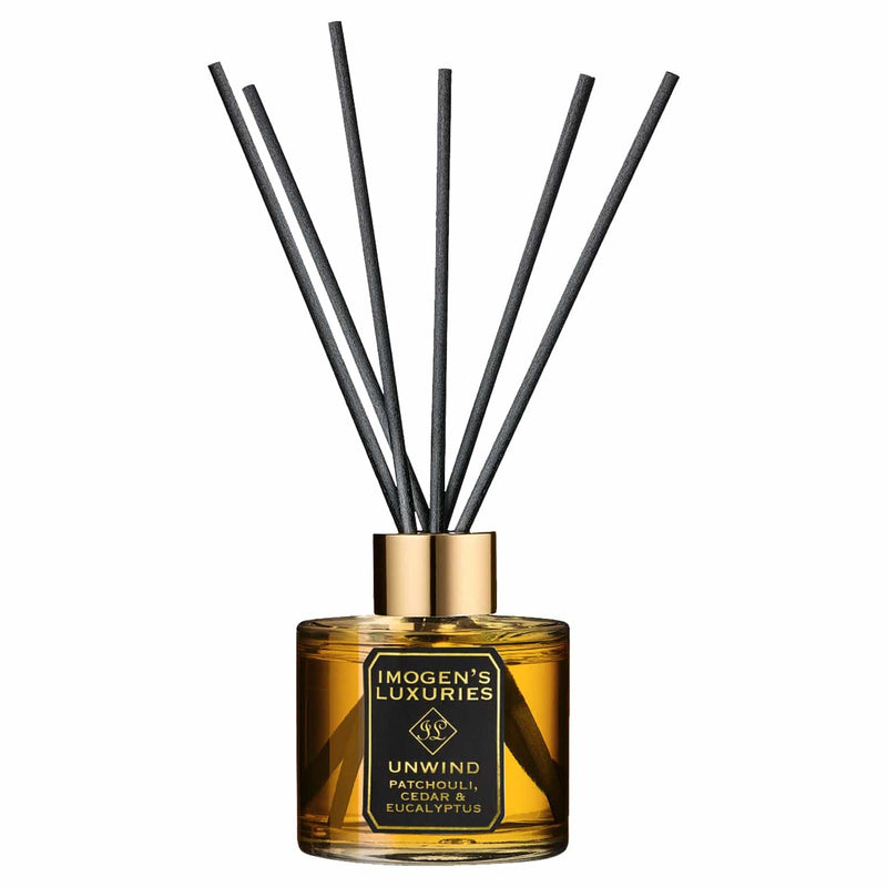Unwind reed diffuser is highly scented with this masculine blend of Cedar, Patchouli & Eucalyptus essential oils. Free from synthetic fragrance, colours and alcohol. Natural,  long lasting, vegan and cruelty free. Handmade in Berkshire.