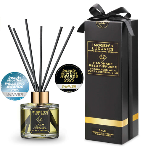 Award winning Calm aromatherapy reed diffuser voted 'Best reed diffuser' and 'best home fragrance' 2025 Beauty shortlist awards. Highly scented with Geranium, Lavender and Black Pepper Essential Oils.  Handmade by Imogen's Luxuries in small batches. Natural, vegan and cruelty free. 100ml. 