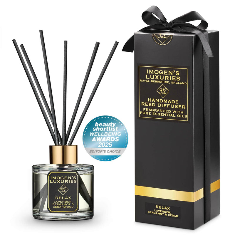 Award winning Relax reed diffuser highly scented lavender, Bergamot and Cedarwood  essential oils. Handmade by Imogens Luxuries in Berkshire.