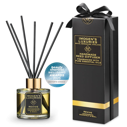 Award winning revive reed diffuser highly scented lemongrass, grapefruit, basil essential oils. Handmade by Imogens Luxuries in Berkshire.