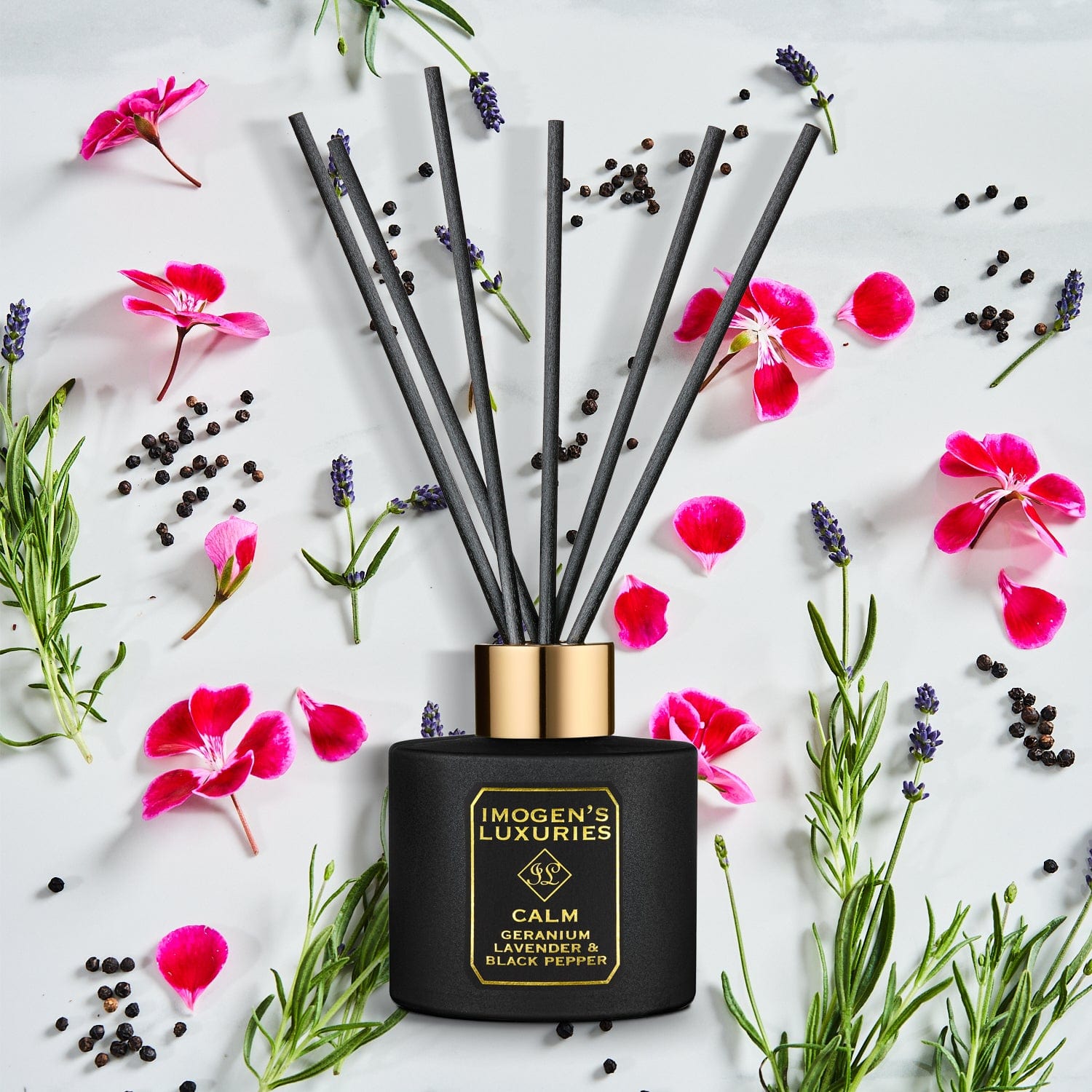 Calm Black Reed Diffuser | Geranium, Lavender & Black Pepper Essential Oils | 100ml
